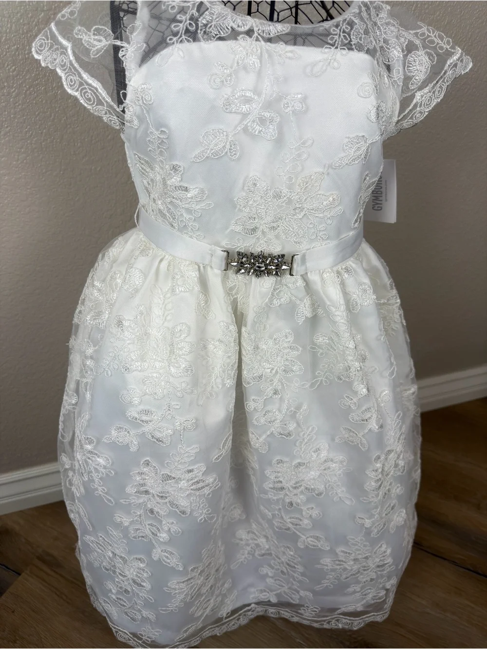 NWT Gymboree Girl White Floral Lace Formal Dress Jeweled Belt, Size 6